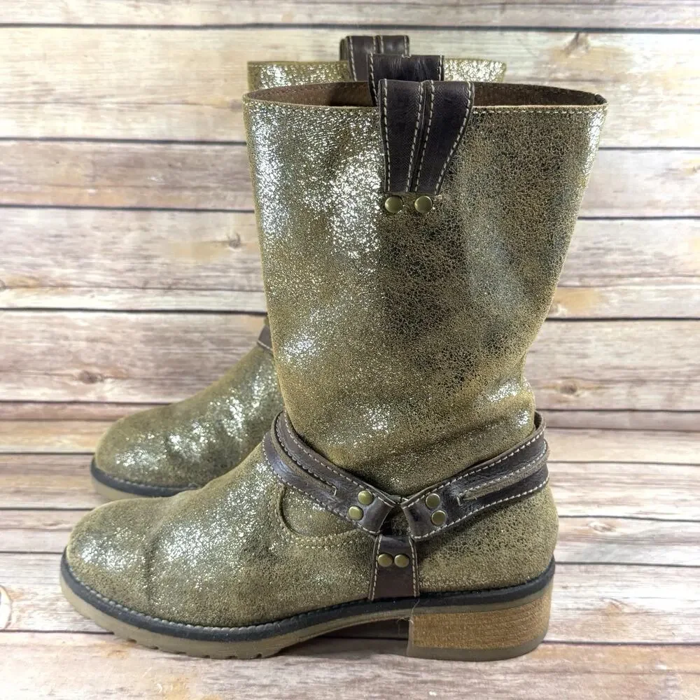Sbicca Womens Distressed Metallic Gold & Brown Leather Ozark Moto Boots 9